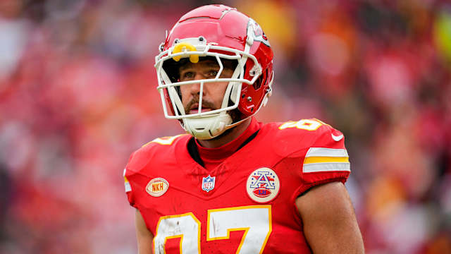 Kansas City Chiefs tight end Travis Kelce during pregame warm-ups.